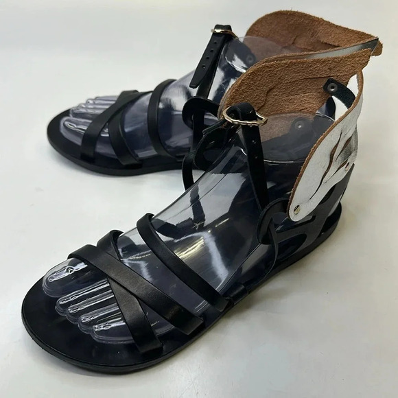 Ancient Greek Sandals Nephele Winged Open Toe Shoes Leather Black Silver Size 7 - Picture 6 of 13